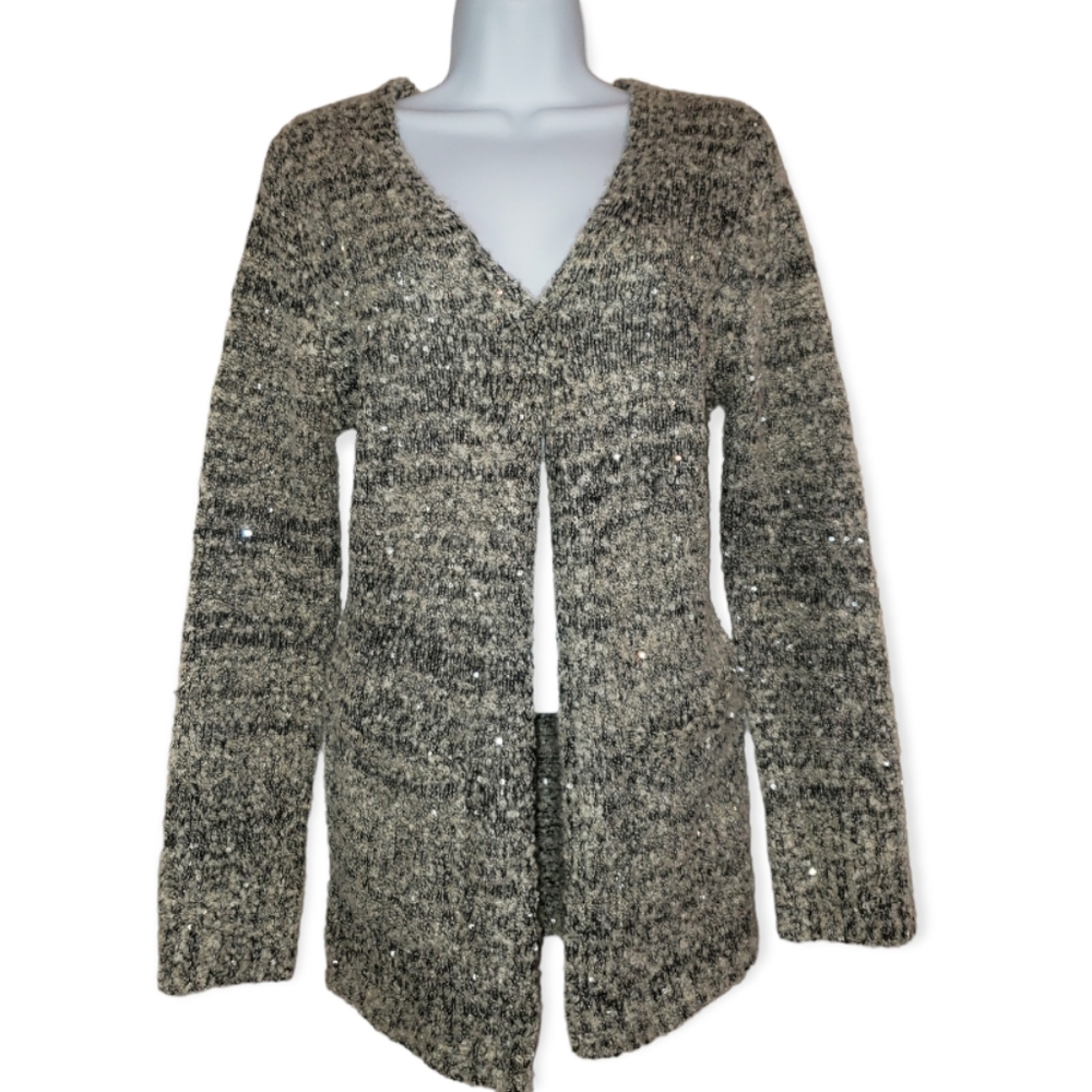 NWOT Daytrip gray sequined boucle open front cardigan sweater Womens Sma…